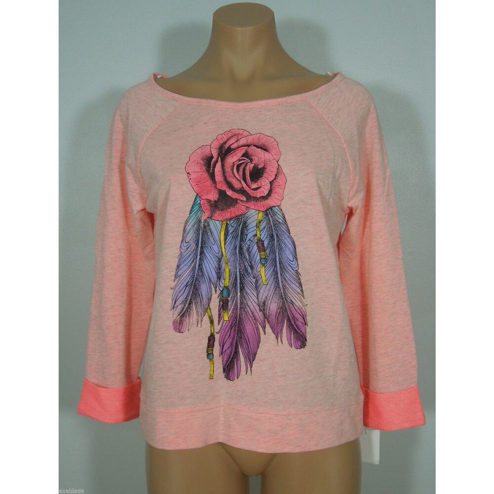 STRANDED Knit Top S SMALL Juniors Printed Feather Rose